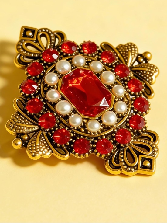 Anthropologie Jewelry - Anthropologie Gold-Tone Brooch with Red Crystals and Pearl Accents